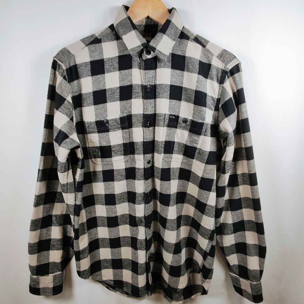 Gap‎ Mens Buffalo Plaid Flannel Shirt Black Cream Standard Fit Medium Cotton